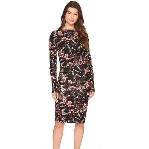 NWT Nicole Miller Floral Bodycon Dress Black Long Sleeve Ruched Midi Size L